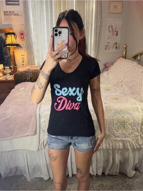 Y2K Sexy Diva Graphic V-Neck Tee - Black with Blue & Pink Script